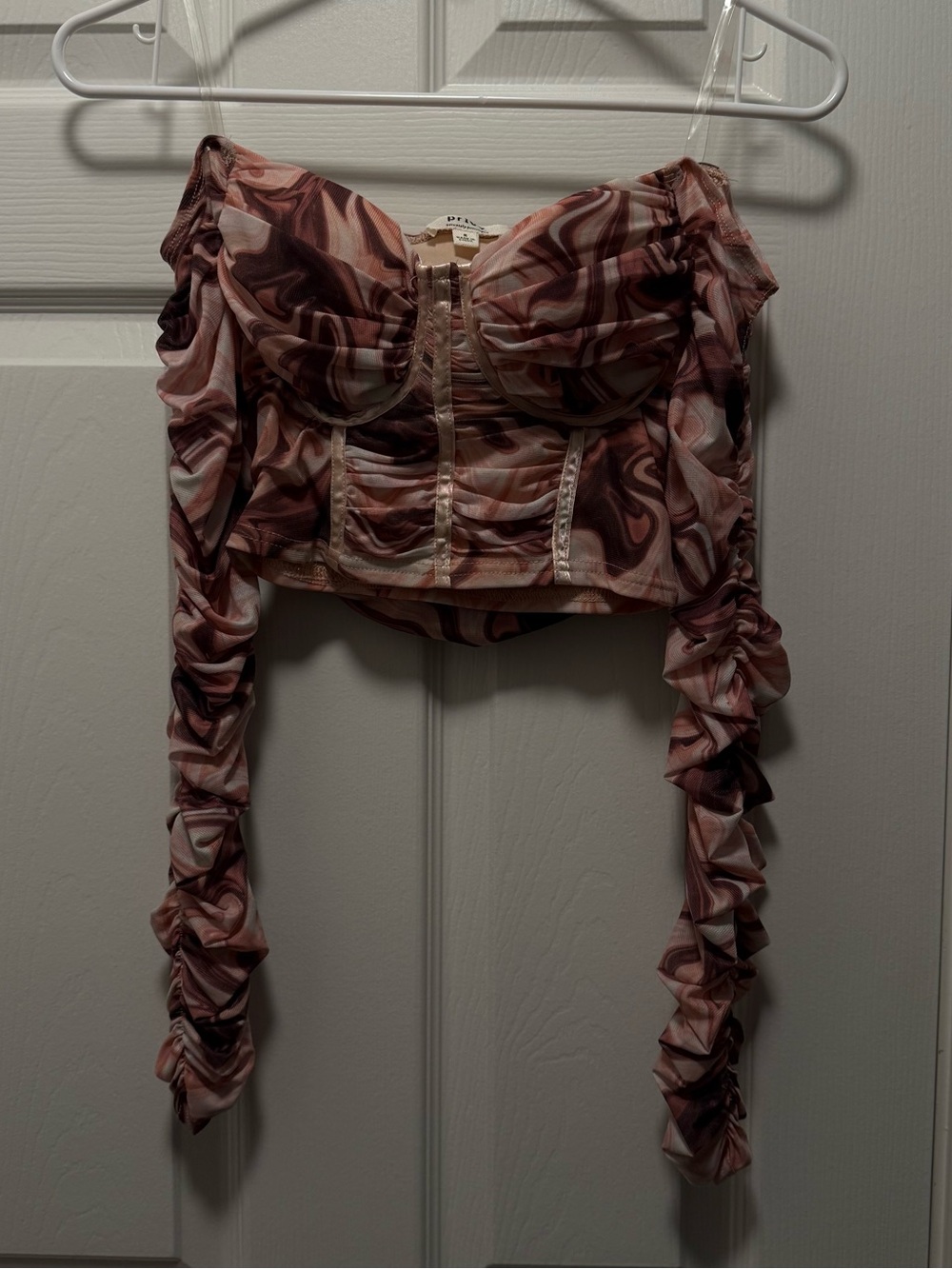 privy Pink Marble Ruched Off-Shoulder Crop Top